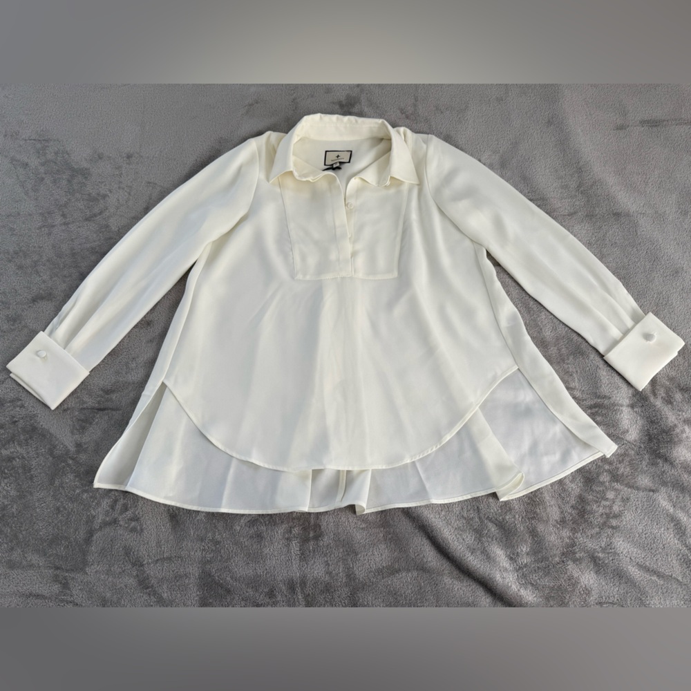 Tuckernuck Blouse Women’s XS Ivory Sheer Chiffon Buttoned Collared Classic